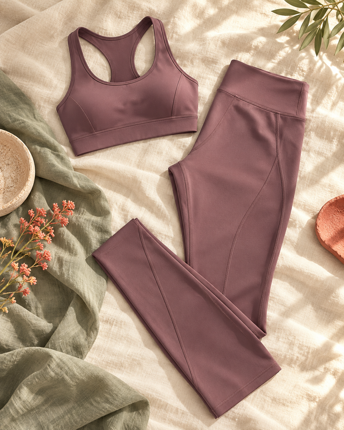 Illustrative mauve activewear co-ord set with a sports bra and leggings