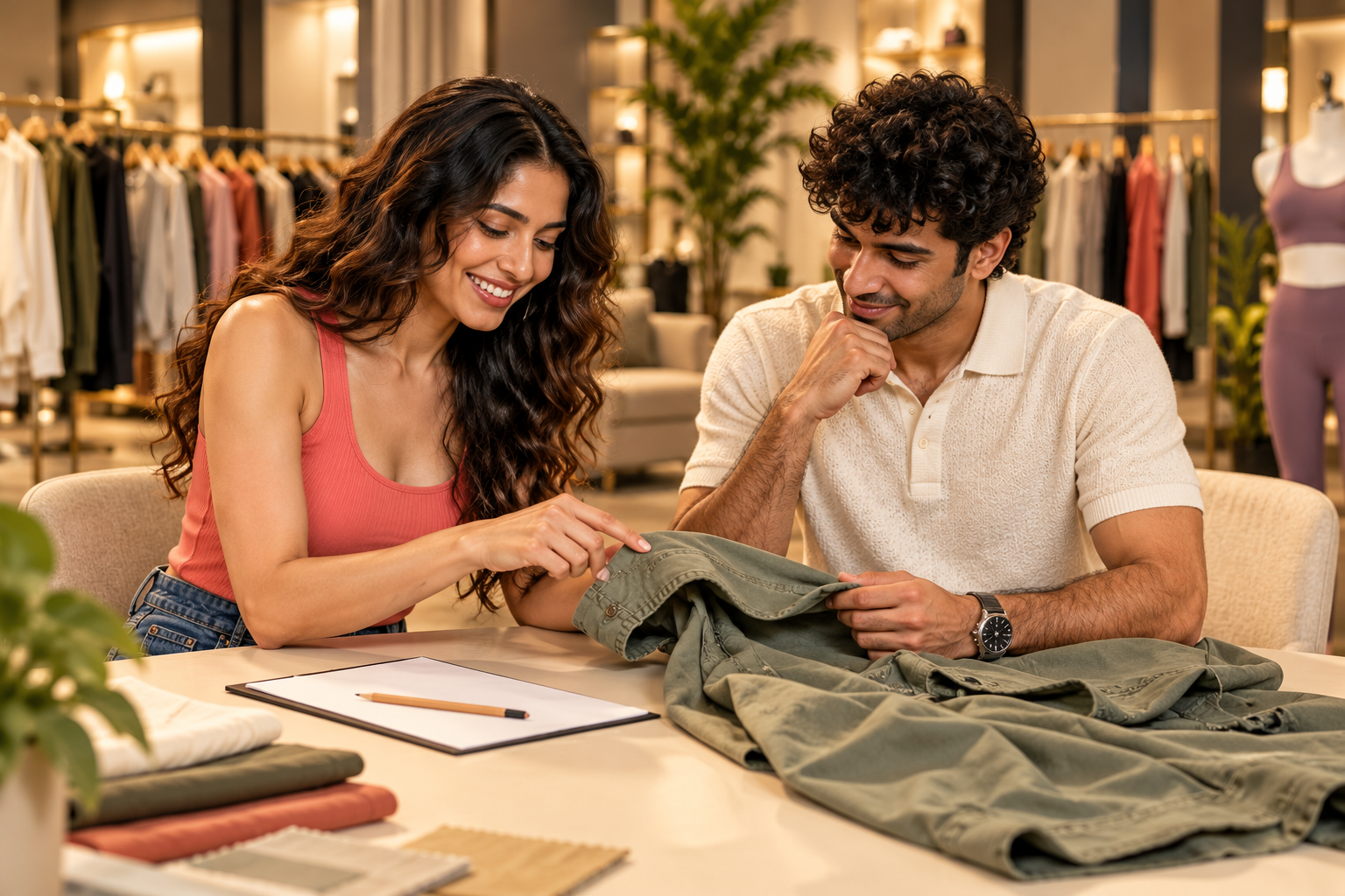 Try5 campaign characters examining a garment and discussing feedback